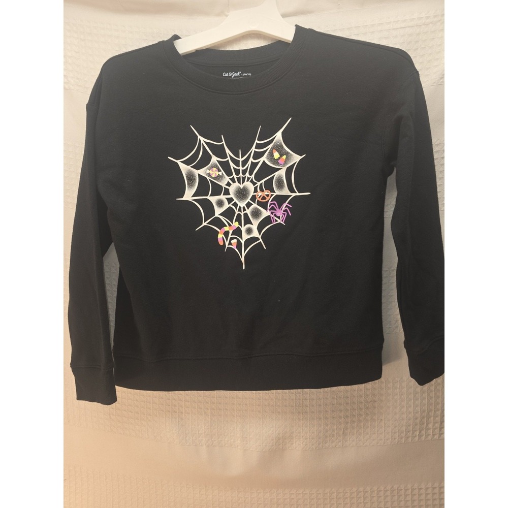 Cat & Jack Girls Halloween Spider Web Heart Sweatshirt Black Size L 10/12 6156